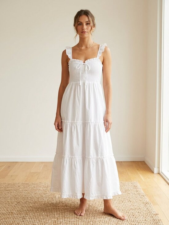 White Smocked Tiered Midi Dress